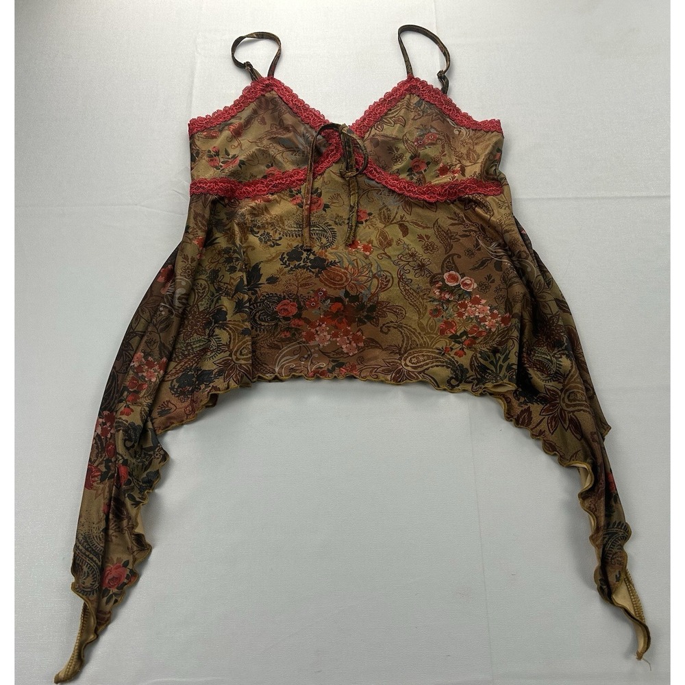 ROMWE Y2K Fairycore Floral Mesh Cami Top M Lace Hanky Hem Boho Grunge Whimsigoth